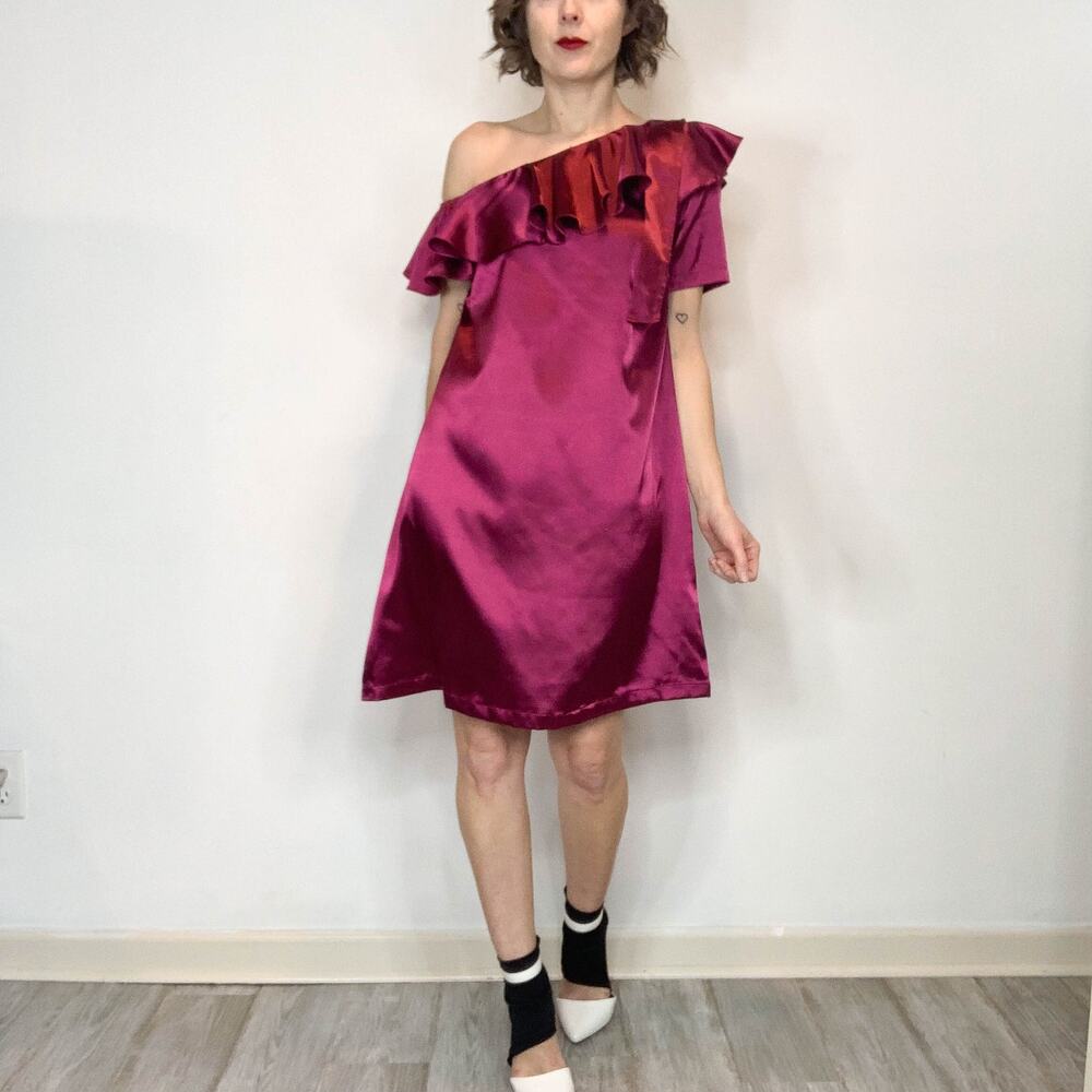 NWT RAGE satin y2k mini dress one shoulder ruffle Barbiecore fuchsia 2683
